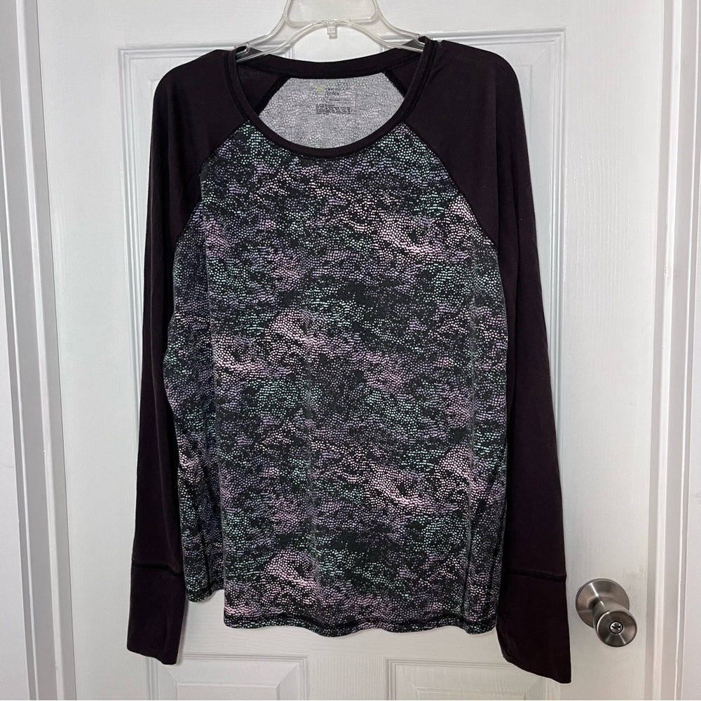 tek gear Black Raglan Long-Sleeve Top with Pink & Green Print